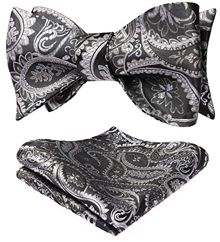 HISDERN Fliegen für Herren Grau Silber Fliege mit Einstecktuch Set Paisley Selbstgebundene Smoking Schleife für Bräutigam Hochzeit