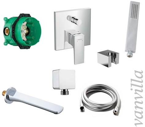vanvilla Wannenset Unterputz mit Wannenarmatur Hansgrohe poliert HG67 | Wannenarmatur von Hansgrohe Metropol Einhebelmischer, vanvilla Wanneneinlauf und Handbrause eckig, Wannen-SET poliert