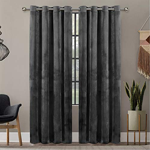 Oxford Homeware Blackout Curtains for Bedroom – Grey 66x90 Super Soft Crushed Velvet Curtains Ring Top - Thermal Insulated Curtains + 2 Tie Backs (168cm x 228cm)