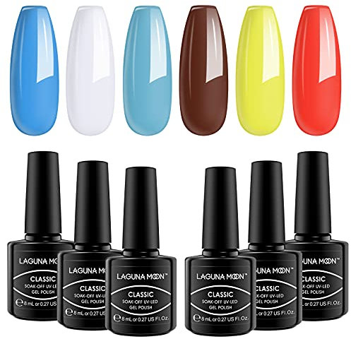 LagunaMoon Gel Nail Polish Set - 6 Colours Blue White Brown Yellow Red Orange High-Shine Kit Nail Gel Polish for Salon Quality DIY Nails - UV LED Soak Off Lacquer Kit Varnish Manicure & Pedicure
