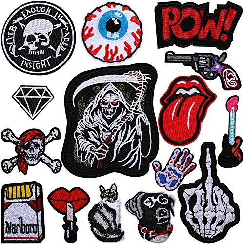 VETPW 15 Stück Patches Flicken zum Aufbügeln, Schädel Hund Katze Patch Sticker Bestickt Aufnäher Applikationen Zum Nähen Oder Aufbügeln für Kleidung, Rucksäcke, Jacken, Jeans, Hüte, Repariere das Loch