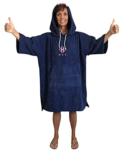 HUT Premium Umkleideponcho mit Kapuze für Freiwasserschwimmen/Surfen/Strand - Schnelltrocknender Poncho aus leichter Mikrofaser für Frauen, Männer und Kinder - Blau/Rosa (Medium)