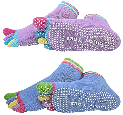 FOX-TECH Yoga Socken für Damen, 2 Parre rutschfeste Stoppersocken ABS Socken für Yoga, Pilates,Krankenhaus,Rutschfeste Slipper,StopperSocken für Zuhause,Workout,Sport, 35-39 (Blau+Lila)