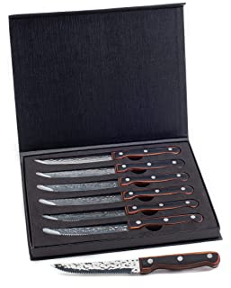 Hanseküche Steakmesser Set – 6x Hochwertige Steakmesser mit Holzgriff – Edles Besteck Set aus rostfreiem Spezialklingenstahl mit Wellenschliff und Geschenkbox (Schwarz-Orange)