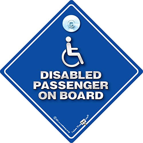 Panneau de voiture avec inscription « Disabled Passenger on Board » - Panneau de voiture à ventouse pour personnes handicapées ou utilisateurs de fauteuil roulant - Bleu super lumineux - 14 cm x 14 cm