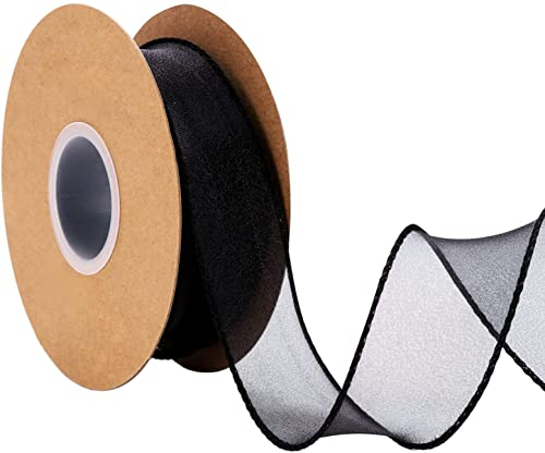 IHKFILAN 38 mm Drahtband zum Verpacken von Geschenken, Organzaband für Hochzeit, Geburtstag, Valentinstag, Weihnachtsdekoration, Chiffon-Bastelband für Haarsträuße (Schwarz, 10 Yards)