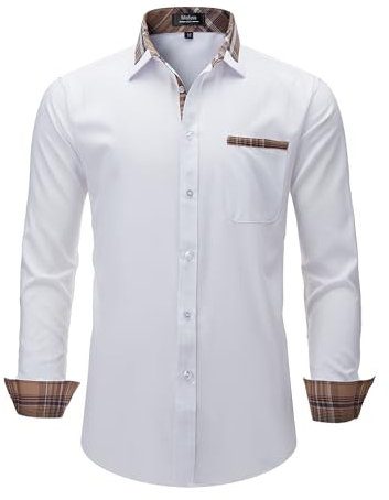 Misfuso Chemise Homme à Carreaux Manche Longue avec Poche Poitrine,Chemise décontractée Casual Blanc XL