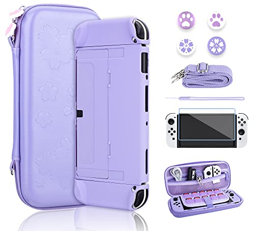 RHOTALL Sakura Étui de transport en relief pour Nintendo Switch OLED avec étui rigide, protecteur d'écran, 4 capuchons de pouce, bracelet et bandoulière Violet