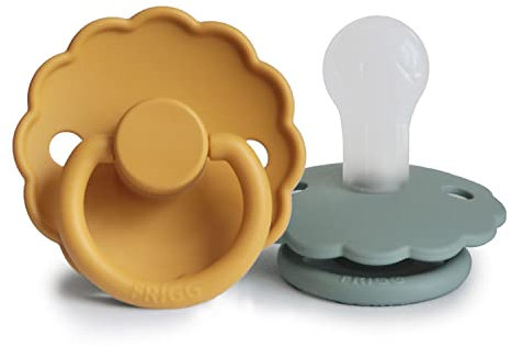 FRIGG Daisy Silikon Schnuller | Schnuller 2 Packung | Symmetrischer Sauger in Kirschform | BPA-frei | Hergestellt in Dänemark | Silikon Schnuller | (Honey Gold/Lily Pad, Größe 1 (0-6 Monate))
