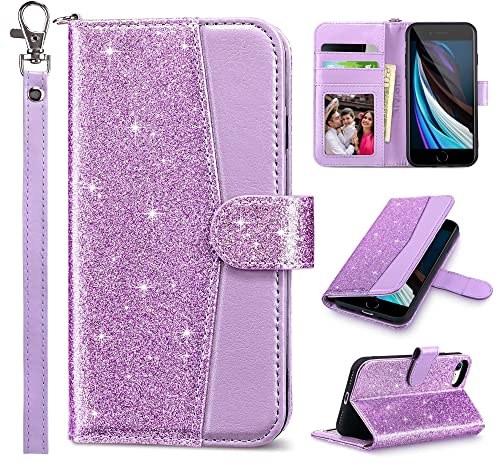 ULAK Cover Compatibile con iPhone SE 2022 2020 con Porta Carte, Pelle Portafoglio Libro Magnetica Cavalletto Custodia per SE 2 3 Generazione e iPhone 8 7 per Ragazze Donna, Viola Glitter