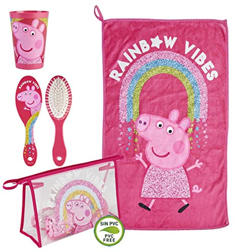 CERDÁ LIFE'S LITTLE MOMENTS - Peppa Wutz Kulturbeutel Kinder Durchsichtig | Toilettenbeutel Set [ Plastikbecher + Haarbürste + Mikrofasertuch ] - Offiziell Lizenziert von Hasbro, Pink