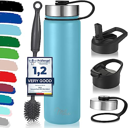 Milu Botella de agua de acero inoxidable, 500, 750, 1000ml (+3 tapas), termo con pajita, botella de agua aislada, botella aislante a prueba de fugas, apta para ácido carbónico (azul cielo, 750ml)