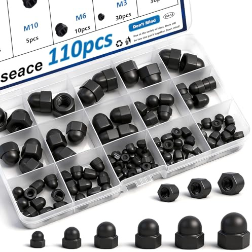 smseace 110pcs Black Nylon Acorn Nuts Bolt Cap Kit M3/M4/M5/M6/M8/M10/M12 Hex Acorn Cap Nuts