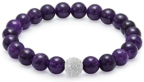 day.berlin Premium Amethyst Perlenarmband, Damen Naturstein Armband mit echten 8mm Edelsteinen, flexibles Zugband 18cm lang, handgeknüpft mit Pave Zirkonia Perle, versilbert