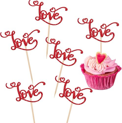 Xsstarmi 30 Pack Love Valentine's Day Cupcake Toppers Red Glitter Love Heart Cupcake Picks Wedding Engagement Cake Decorations for Valentine's Day Theme Bridal Shower Anniversary Party Supplies