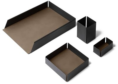 Eglooh - Moire - Schreibtisch Set mit Struktur aus schwarzem Stahl - Innerer Boden aus Leder Taubengrau - 4 Stücken: Taschenleerer, Stiftehalter, Ablagefächer, Visitenkartenhalter