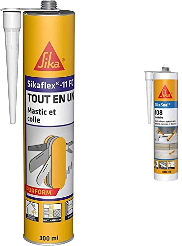 Sikaflex 11 FC Purform Blanc, Mastic, joint et collage multi-usages,300ml & eal 108 Sanitaire Blanc, Mastic Cuisine & Salle de Bain Anti-Moisissures, joints silicone sanitaire longue durabilité, 300ml