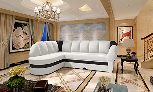 ALTDECOR Ecksofa Links mit Schlaffunktion und Bettkasten mit Gasdruckfeder, Polstercouch in L-Form Links angeordnet, rückenecht gepolstert, ideal als Gästebett - BENADA 250x180x85 cm Weiß/Schwarz