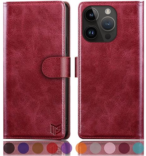 SUANPOT [RFID Schutz für iPhone 15 Pro Max 6.7 Hülle PU Leder Handyhülle Lederhülle Klapphülle Kartenfach Flip Cover für Apple 15 Pro Max Handy hülle Leather Wallet Phone Case Rot