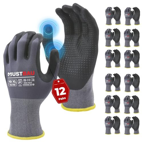 Mustbau Arbeitshandschuhe Schwarz, Arbeitshandschuhe Herren mit Nitril Beschichtung für Montagearbeit，Mechaniker, Gartenarbeit und Bauarbeiten, Gr. XL, 12 Paare