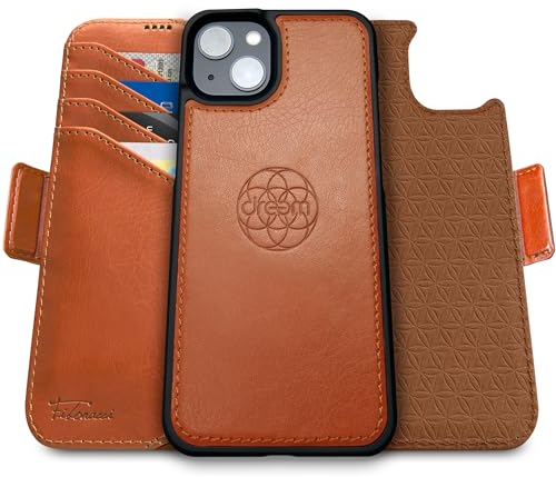 dreem for iPhone 15 Plus Case Wallet, Revolutionary Phone Stand, Vegan Leather, MagSafe-Fit, Magnetic Detachable Flip Cover, RFID Blocking Card Holder, Gift-Box [Fibonacci:Caramel]