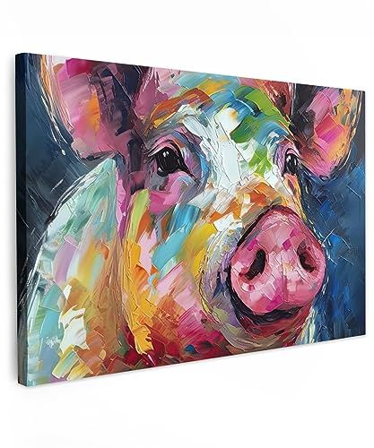 MuchoWow© Leinwände Groß 120x80 cm XXL Wall Decoration Bilder Schlafzimmer Deko Pictures Canvas Painting Wanddekoration Wohnzimmer Kunstdruck - Bunt - Schwein - Ölgemälde - Tiere - Kunst