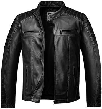 Amaci&Sons Herren Echtleder Jacke Biker Zipper Lederjacke 9104 Schwarz L