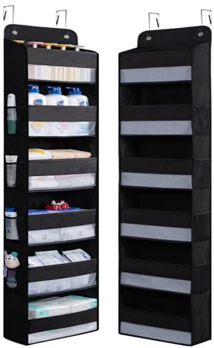 WishJazz Over Door Storage Hanging Organiser, 6 Large Pockets 8 Side Pockets, Anti Tilt 50 lb Back of Door Storage with Clear Window for Bathroom, Nursery, Pantry, Nursery, Shoe, toys