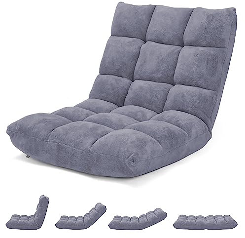 COSTWAY Folding Sofa Chair, 14-Positions Adjustable Lazy Floor Sofa Bed, Single Padded Lounge Sleeper Recliner Floor Chair Seat for Meditation, Gaming and Reading (Grey)