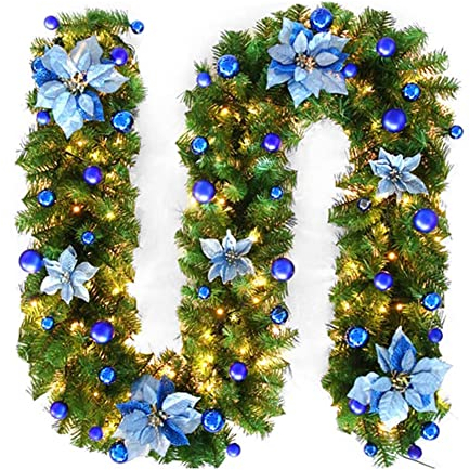2,7m LED Weihnachtskranz Weihnachtsgirlande, Kranz mit LED Lichtern, Weihnachten Türkranz Deko Weihnachtsbeleuchtung, Weihnachtsdeko für Treppe Tür Fenster Wanddeko (Blau)