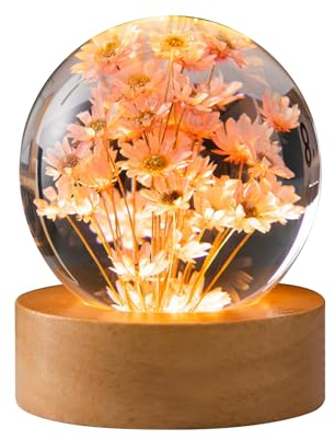 luolety Kristallkugel Nachtlicht, 6 cm Glaskugel Lampe mit Holz mit LED-Lichtbasis, USB Aufladung Blume Nachtlampe mit Ständer (Rote Gänseblümchen)