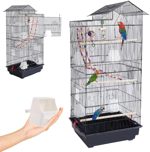BAKAJI Jaula de Aviones para pájaros, Loros inseparables, calopsite, periquitos, volátiles, de Metal y Madera Negra con Juguetes, Accesorios, Jaula con Escalera y Bandeja extraíble
