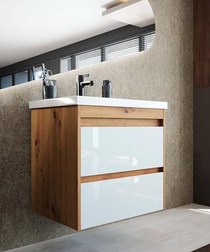 Newroom Waschbeckenunterschrank inkl. Waschbecken Teil-lackiert - Weiß Hochglanz/Holz Eiche- Hängend - mit viel Stauraum - 60x60x45 cm (BxHxT) - Badezimmermöbel, Waschtisch, Unterschrank