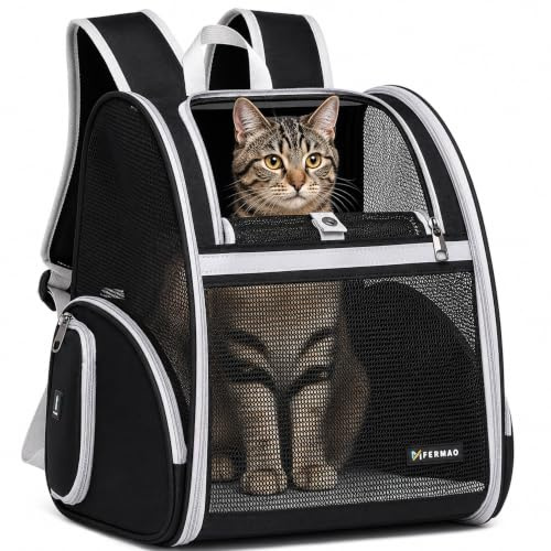 Cat Backpack Carrier for Small Dogs and Medium cat Puppy Kitten Bunny Pet Carrier Backpack Collapsible with Fully Ventilated Mesh with Safety Leash (Black, 12.9 L x 10.62 W x 15.5 H - M)