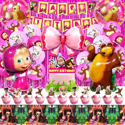 51-teiliges Mascha Geburtstag Deko-Set mit Luftballons, Tischdecke, Cake Topper & mehr