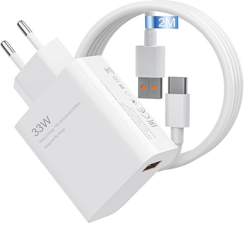 33W Chargeur Rapide Xiaomi avec câble USB C de 2 m pour Xiaomi Redmi Note13/13C/13 Pro/14C/14T/14T Pro/14/12/12 Pro 5G/11s/11/A3/10/10 Pro/9/9 Pro Poco M4/M6/M3/Poco C65/Poco X6/X6 Pro