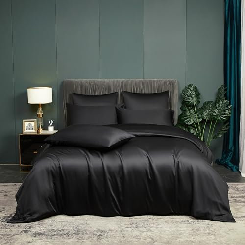 Bettwäsche Sommer 200x200cm Schwarz Uni Glatt Bambus Bettwäsche-Set Kühlende Bambusfaser Weiche Kuschelig und Atmungsaktiv Deckenbezug Luxus Bettbezug mit Reißverschluss und 2 Kissenbezüge 80x80cm