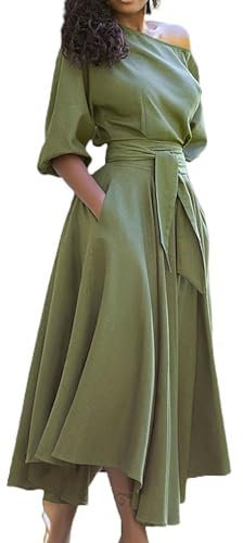 Nuovo Vestito Semplice da Donna con Maniche a Cinque Punte e Allacciatura obliqua sulle Spalle in Vita - Verde - L