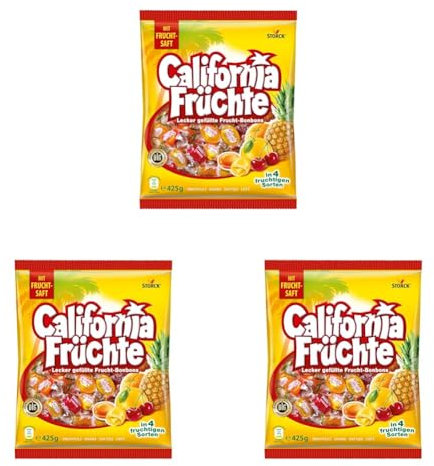 California Früchte – 3 x 425g – Gefüllte Bonbons mit Fruchtsaft – In vier verschiedenen Sorten