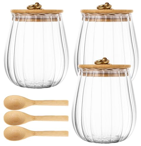 MIVIDE 3 Stück Vorratsdosen Glas mit Deckel 650 ml mit 3 Holzlöffel, Vorratsdosen mit Deckel Luftdicht Glas, Dekorative Aufbewahrungsgläser Blütenblatt für Keks, Bonbons, Getreide, Getrocknetes Obst