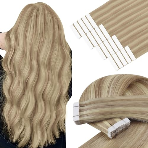 YoungSee Tape Hair Extensions Human Hair, Golden Blonde Highlight, Invisible Tape in Hair Extensions Real Human Hair, Easy to Apply and Remove, 22In 20pcs 50g