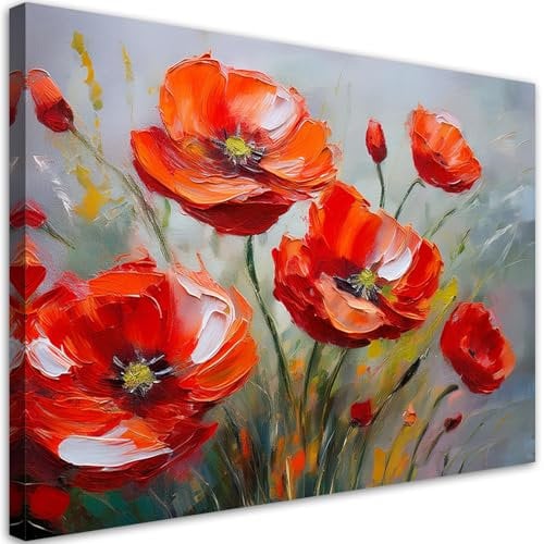 Feeby Wandbilder - Bilder Schlafzimmer - Rot gemalte Mohnblumen - 90x60 cm 1tlg - Wohnzimmer Bild Groß - Wohnungs - Foto Geschenk - Leinwand Wall Art - Wand Deko