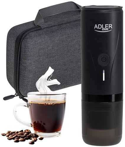 ADLER EUROPE Tragbarer Camping Kaffeemaschine – USB C – 20 Bar – Mit Heißwasserfunktion – Kompatibel mit mit Kapseln und gemahlenem Kaffee – Reiseetui Inklusive – Schwarz
