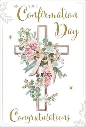 Jonny Javelin Confirmation Day Congratulations Card for Women or Girls - Confirmation Congratulations Card with Cross and Flowers Design and Embossed Foil Details
