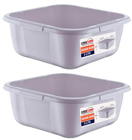 BH | 3L Plastic Washing up Bowl Basin - Small Size | 3 Litres | Square | GRAY | Multipurpose Washing Tub for Kitchen, Bathroom, and Household Use (Pack of 2) - By BEST HOUSE