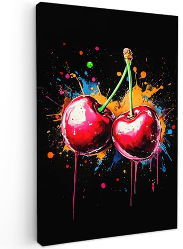MuchoWow© Impression sur Toile Photo Peinture 80x120 cm Tableau Decoration Murale Chambre Salon Maison Deco Cuisine Cerises - Fruit - Graffiti - Peinture - Abstrait - Moderne - Coloré
