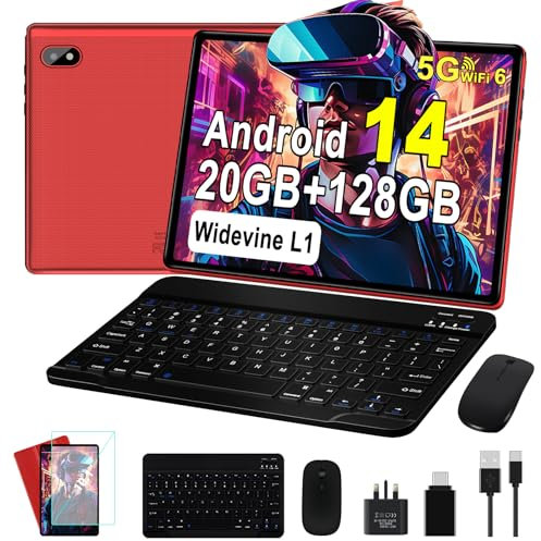 Tablet Android 14 10 Inch Octa-Core 2.0 GHz, 20GB RAM+128GB ROM(2TB TF), 5G WiFi, Bluetooth 5.0, GMS, Widevine L1, 1280 * 800 IPS FHD,5MP + 8MP,6000mAh,WiFi 6, Newest Tablet with Keyboard & Mouse, Red