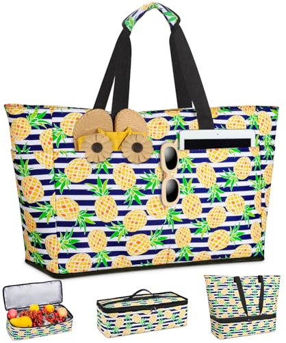 ISEYOU Borsa Mare Donna Grande XXL con Borsa Frigo Staccabile, Borsa Spiaggia Famiglia 49L Impermeabile alla Sabbia con Cerniera, Pieghevole e Leggera Borse Tracolla Per Viaggio, Piscina & Palestra