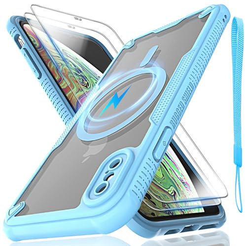 for iPhone XS Max Case, Translucent Matte Back Compatible with Magsafe Magnetic Slim Shockproof Protective Case with Lanyard Strap and 2*9H Tempered Glass Screen Protector Phone Cover 6.5-inch-Blue