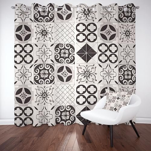 Tyafsgvqo Maroc Carreaux de Ciment Rideau Occultant Lot de 2, Rideau Patchwork Art Ethnique Contemporain, Thermique Isolant Anti Froid, Rideaux Opaque à Oeillets, pour Chambre, Salon, 280x240 cm